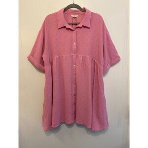 Entro Women's Large Dress Pink Tiered Button-Down Tunic Top Lined Short Sleeve